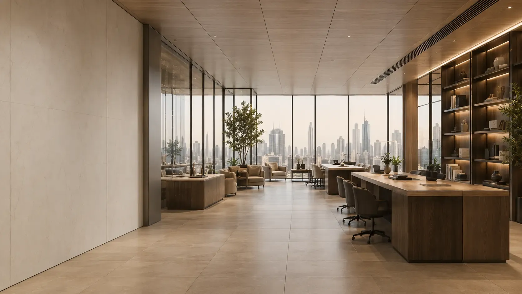Bright commercial office with open work areas, warm timber shelving and city views