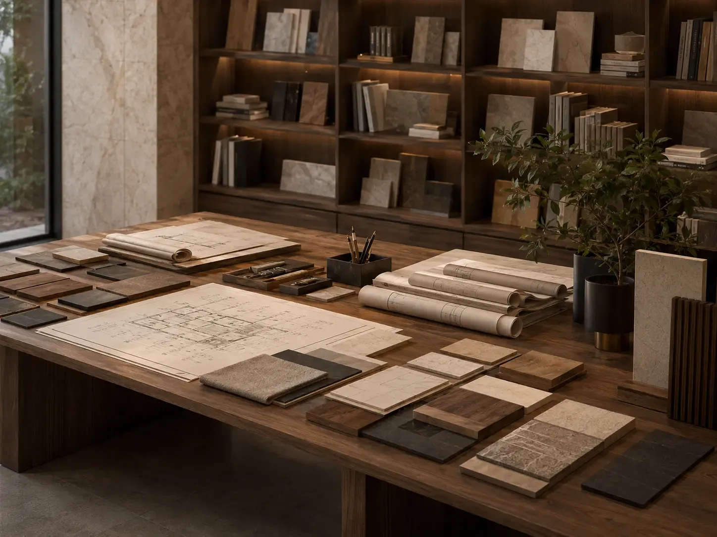 Material studio table with workspace plans, timber samples and stone finishes