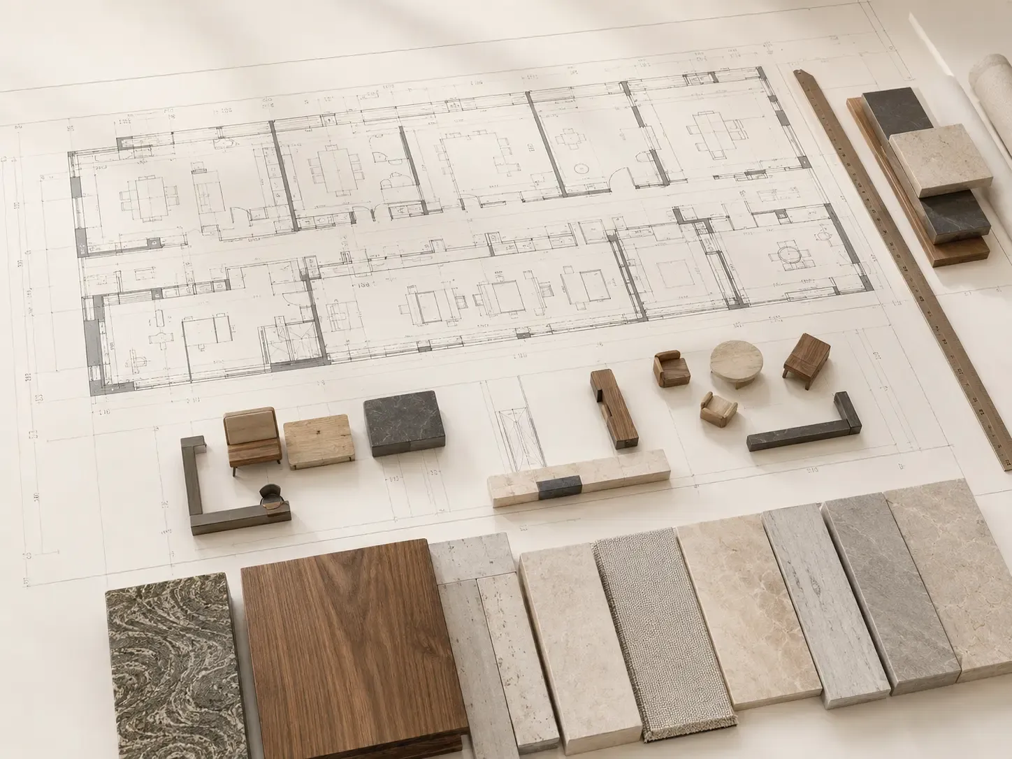 Material samples and a workplace layout plan on a design table