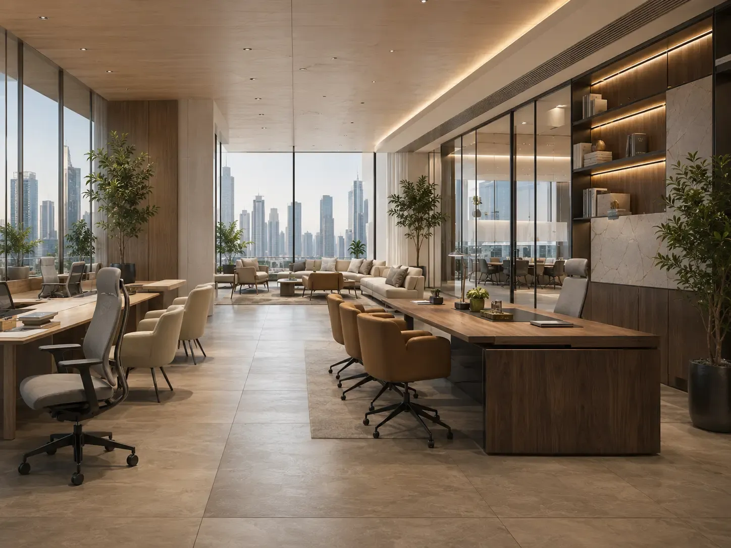 Contemporary office furniture arranged in a collaborative workplace