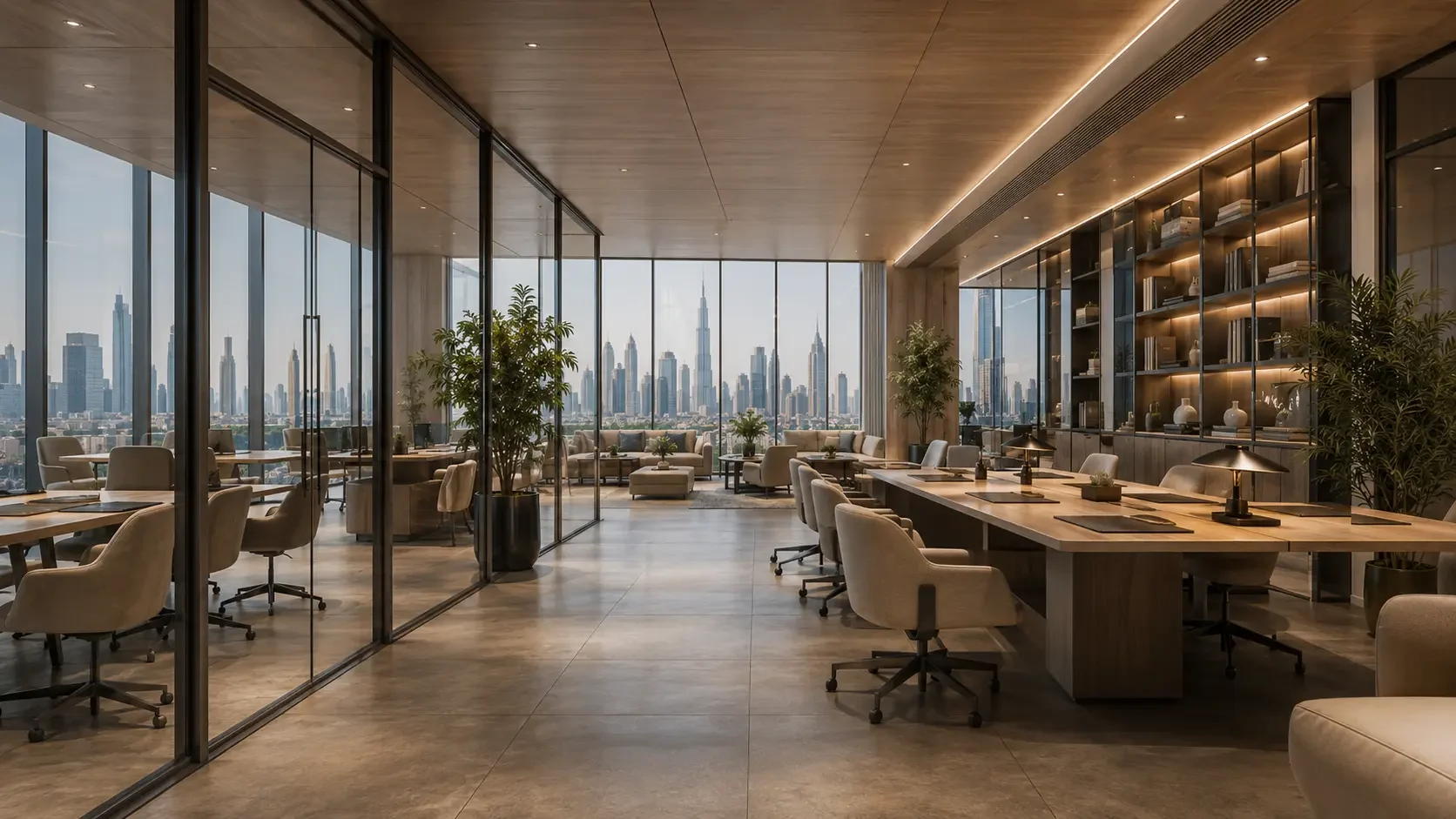 Open commercial workplace with collaborative tables, glass partitions and city views