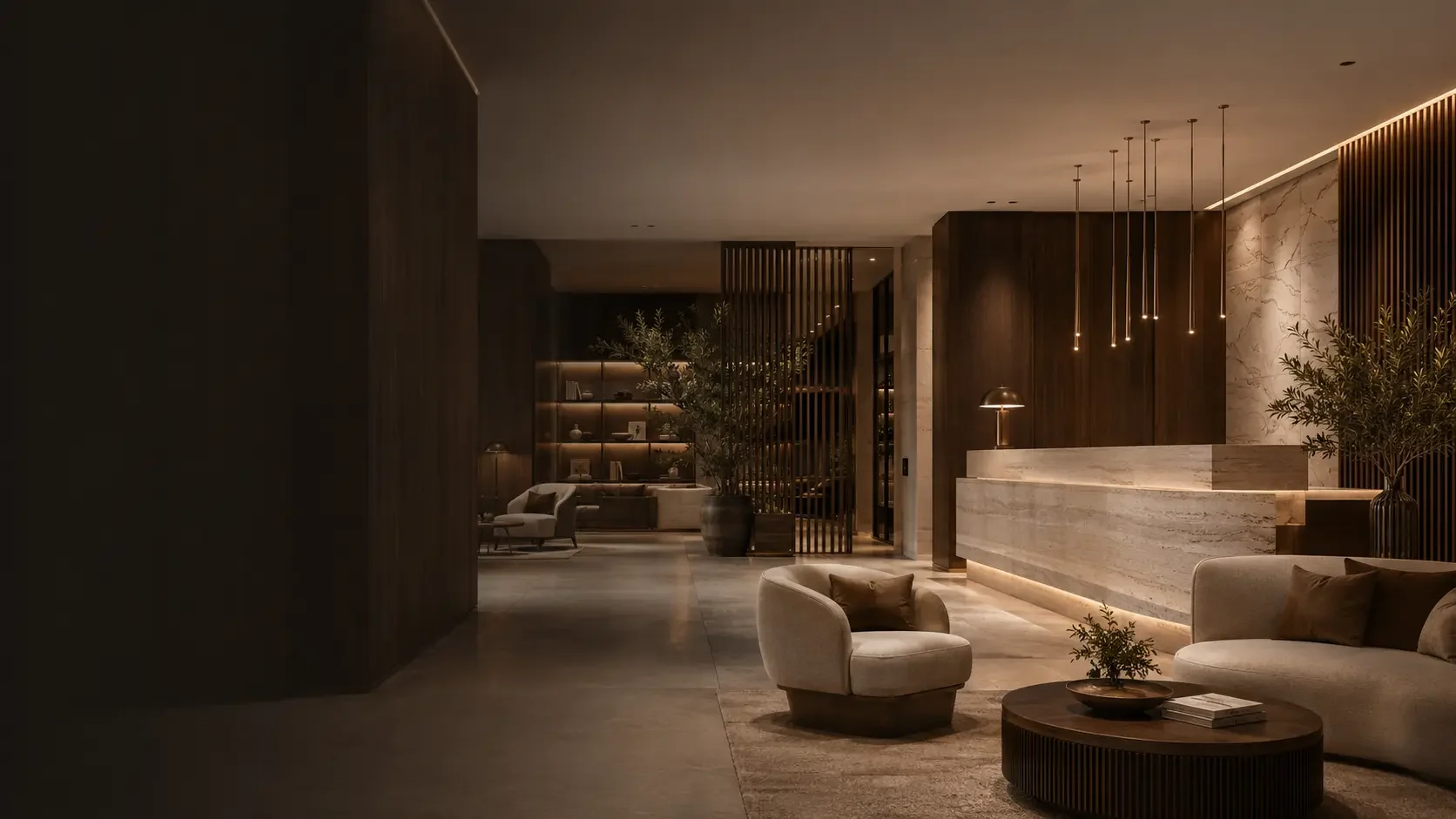 Warm hospitality reception with a stone desk, lounge seating and timber screens