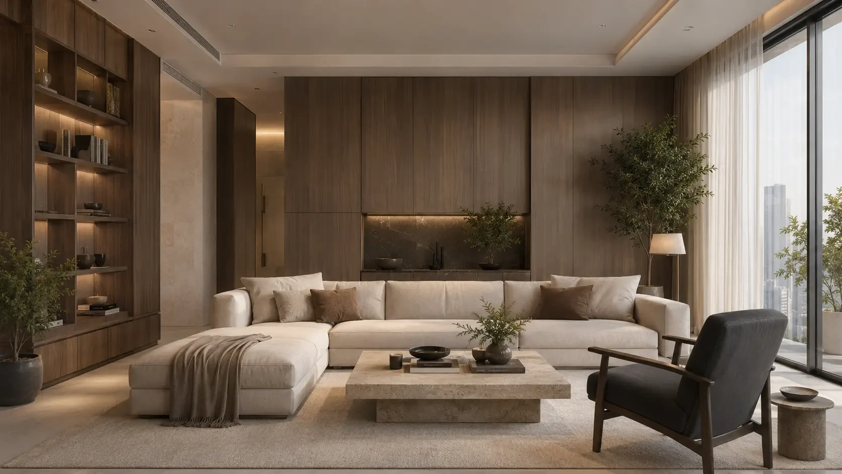 Calm residential living space with timber cabinetry, stone table and neutral seating