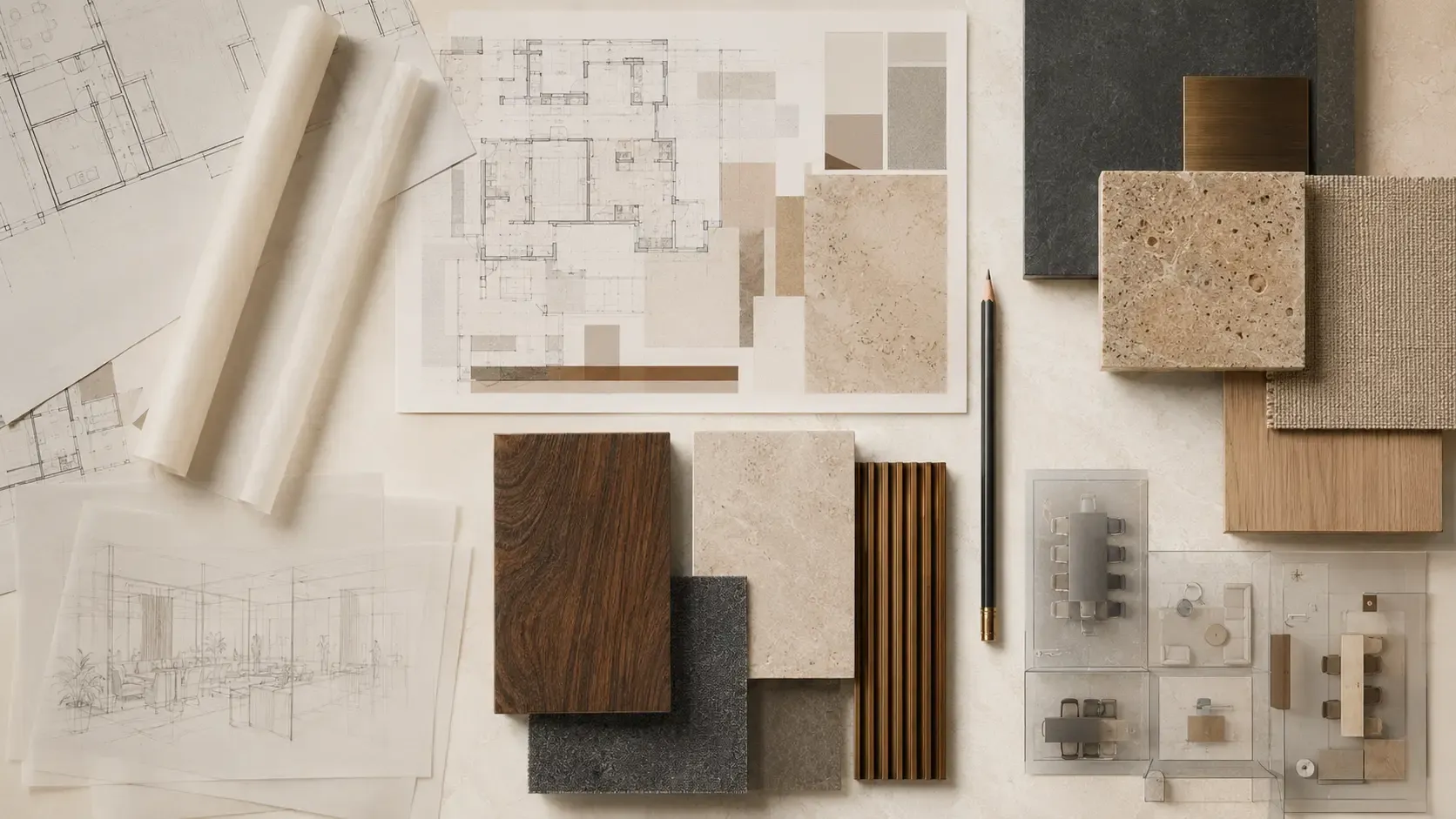 Unbuilt design concept flatlay with plans, material samples and scale furniture layouts