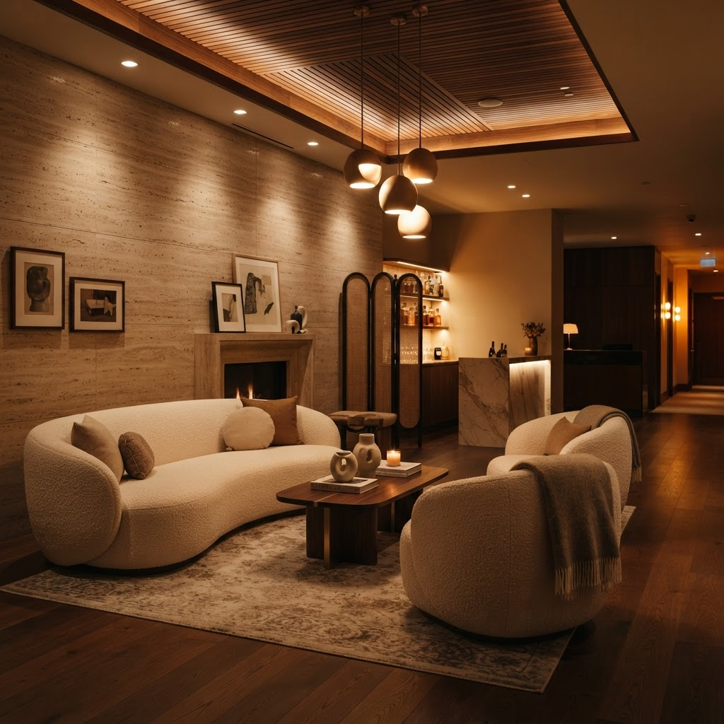Warm LIVARO client lounge with curved seating